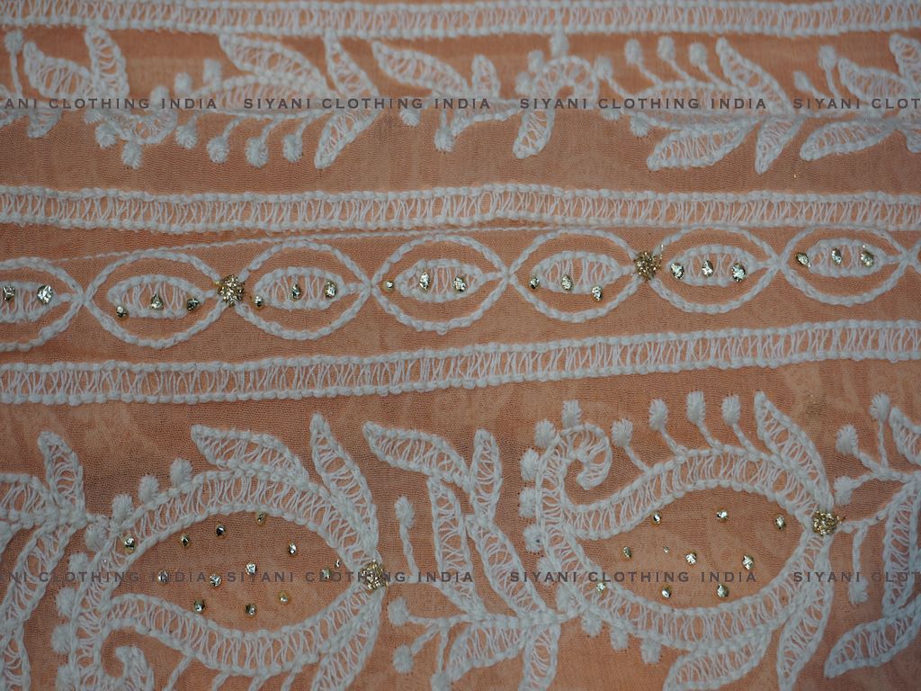 Orange Sequins And Thread Embroidered Chiffon Fabric - Siyani Clothing India