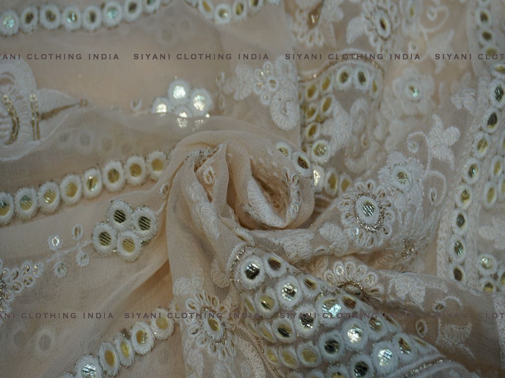 Siyani Peach Mirror And Thread Embroidered Chiffon Fabric