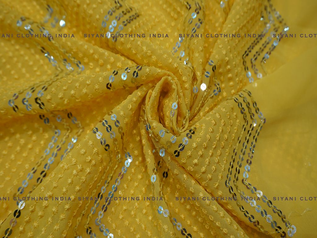Siyani Mustard Sequins And Thread Embroidered Chiffon Fabric