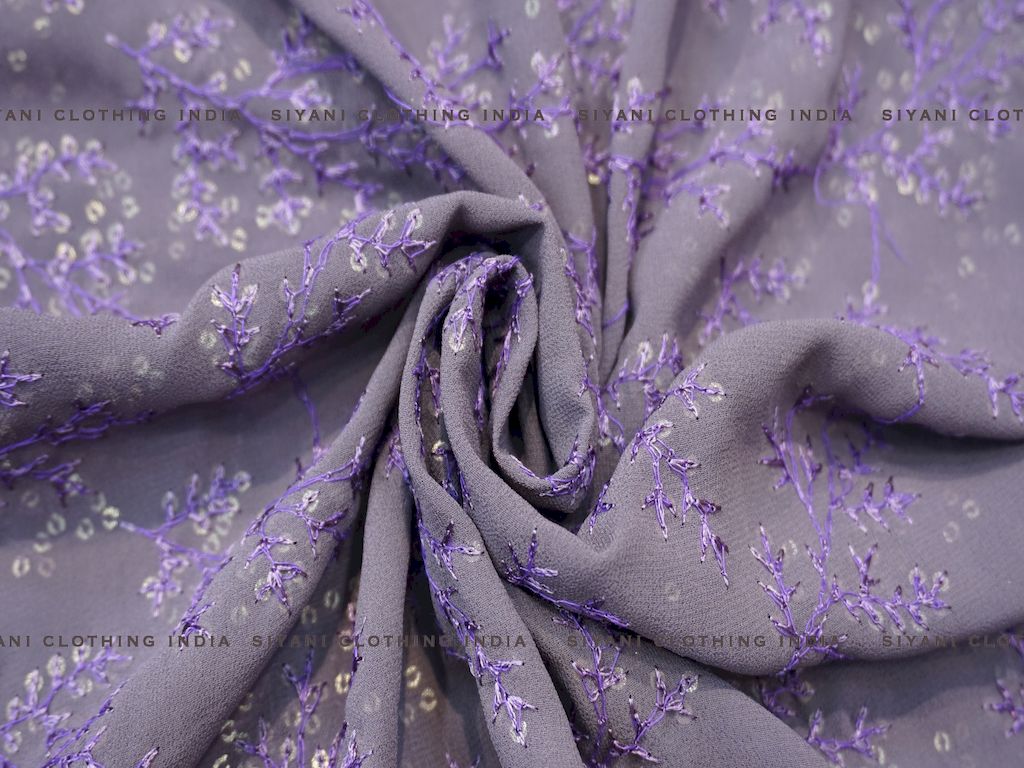 Siyani Mauve Floral Thread Embroidered Chiffon Fabric