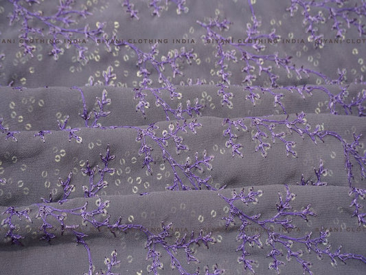 Mauve Floral Thread Embroidered Chiffon Fabric - Siyani Clothing India