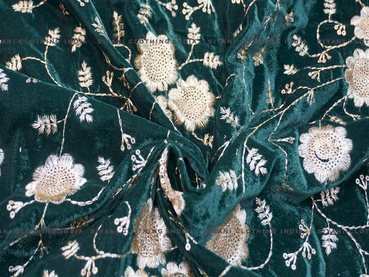 Siyani Dark Green Floral Embroidered Zari Work Velvet Fabric