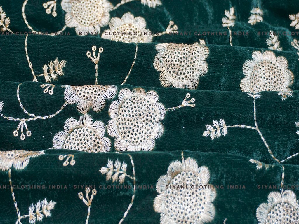 Dark Green Floral Embroidered Zari Work Velvet Fabric - Siyani Clothing India