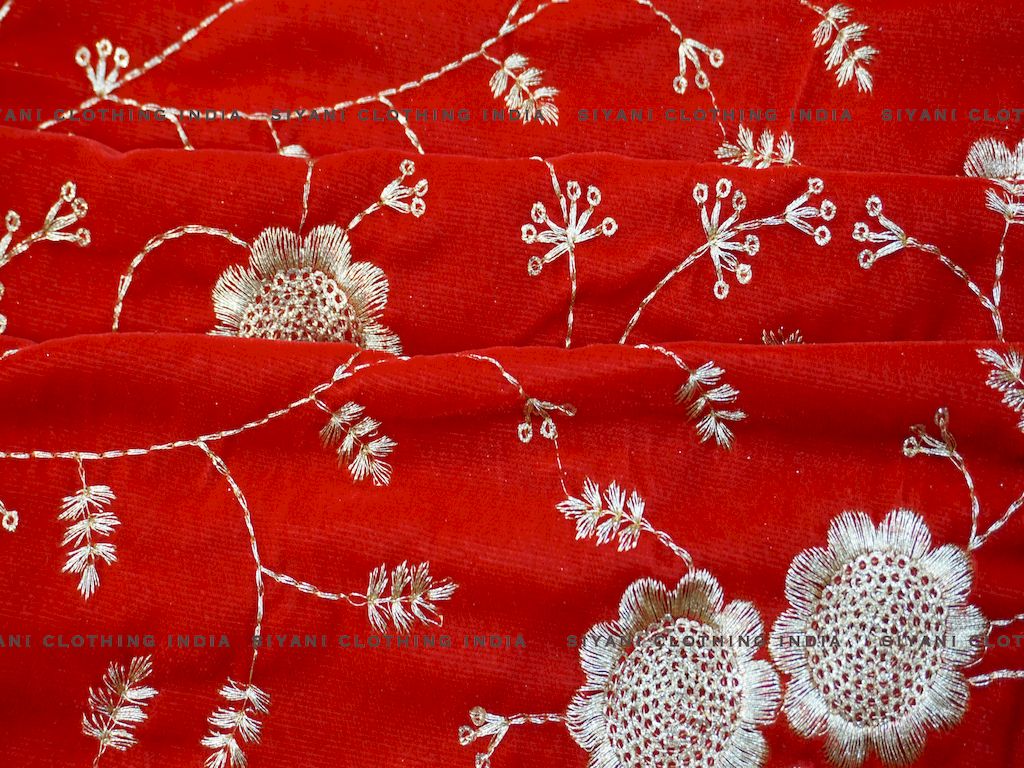 Bright Red Floral Embroidered Velvet Fabric - Siyani Clothing India