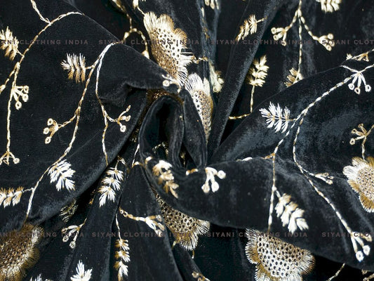 Siyani Black Floral Embroidered Velvet Fabric