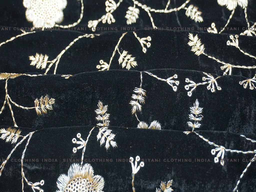 Black Floral Embroidered Velvet Fabric - Siyani Clothing India