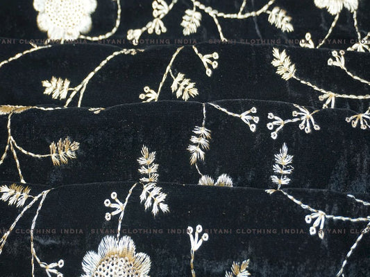 Black Floral Embroidered Velvet Fabric