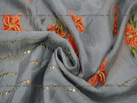 Siyani Grey Sequins And Flower Embroidered Chiffon Fabric