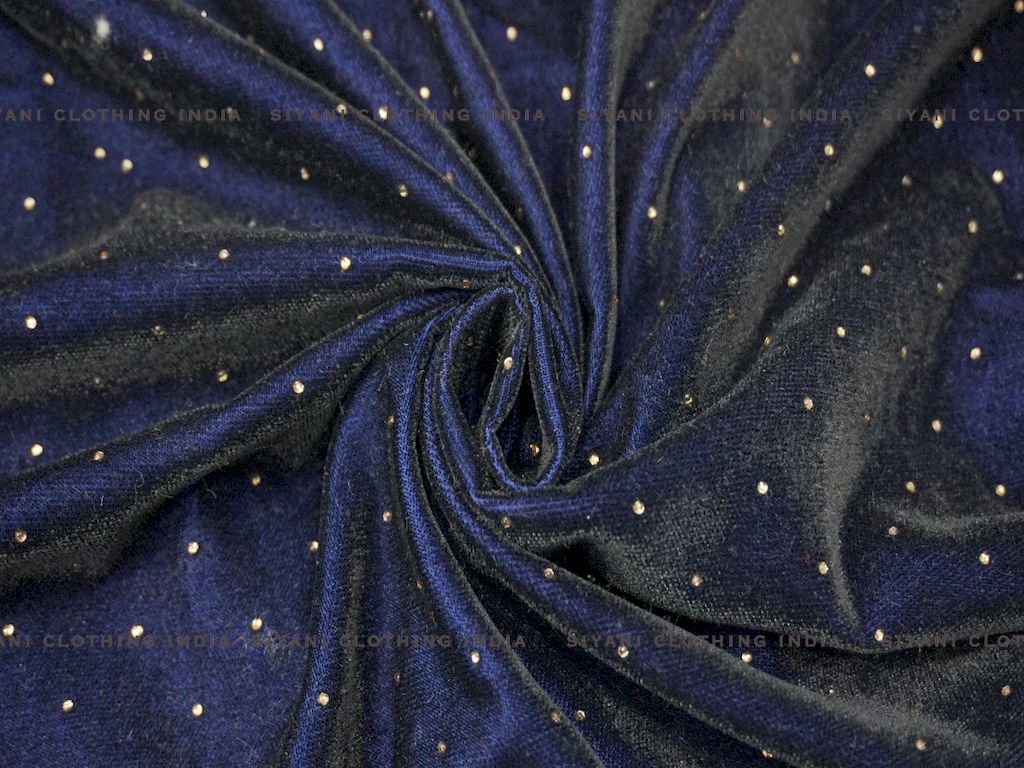 Siyani Navy Blue Polka Dots Embroidered Velvet Fabric