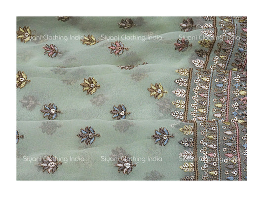 Cream Dual Tone Floral Sequins Embroidered Georgette Fabric Siyani Clothing India