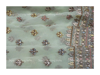 Cream Dual Tone Floral Sequins Embroidered Georgette Fabric Siyani Clothing India