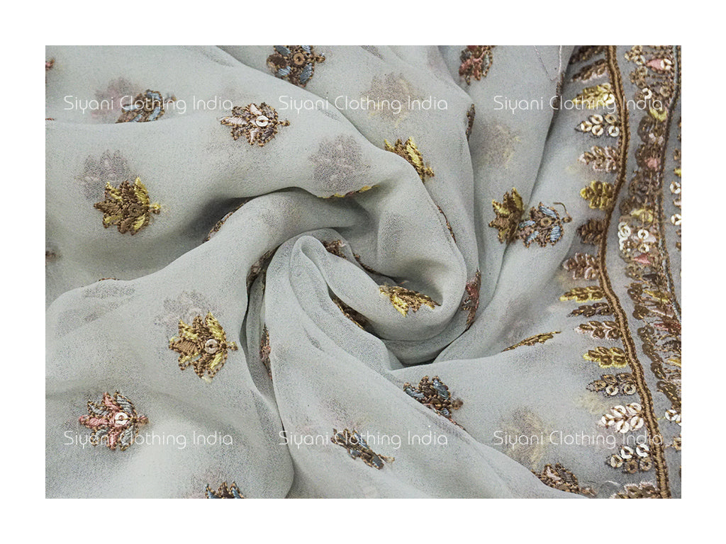 White Floral Sequins Embroidered Georgette Fabric Siyani Clothing India
