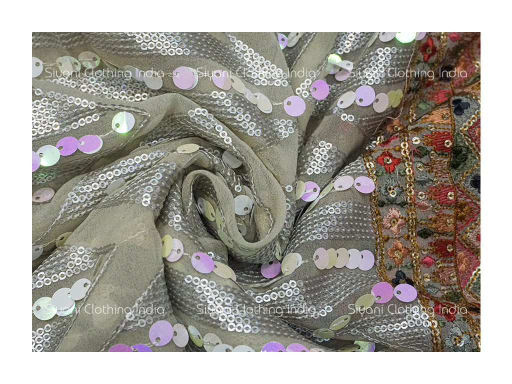 Silver Sequins And Thread With Border Embroidered Georgette Fabric Siyani Clothing India