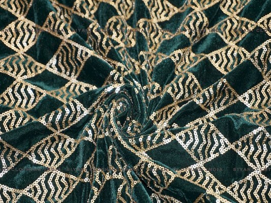 Siyani Emerald Green Sequins Geomatric Pattern Embroidered Velvet Fabric