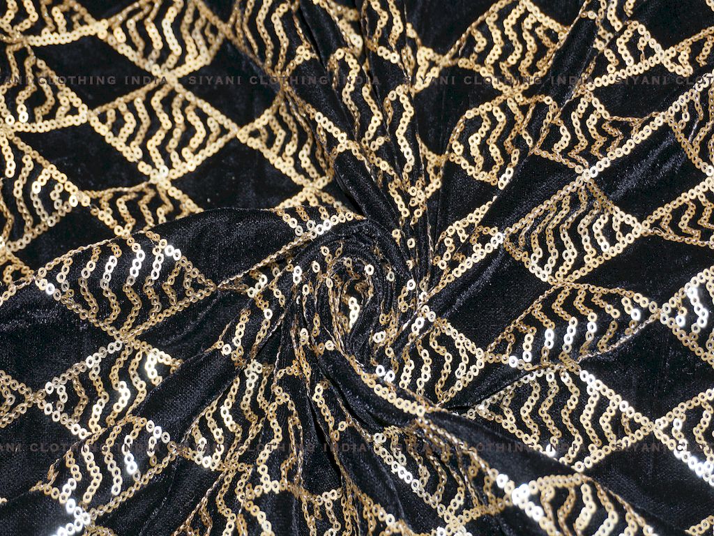Siyani Black Geomatric Pattern Embroidered Velvet Fabric