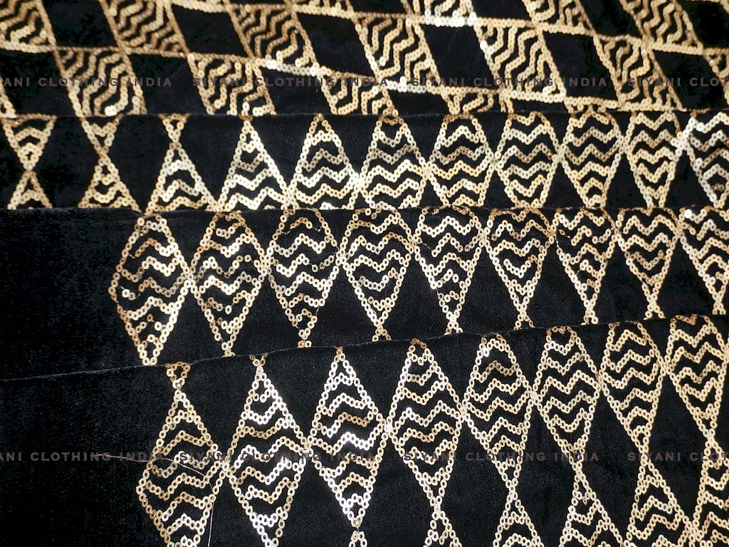 Black Geomatric Pattern Embroidered Velvet Fabric - Siyani Clothing India