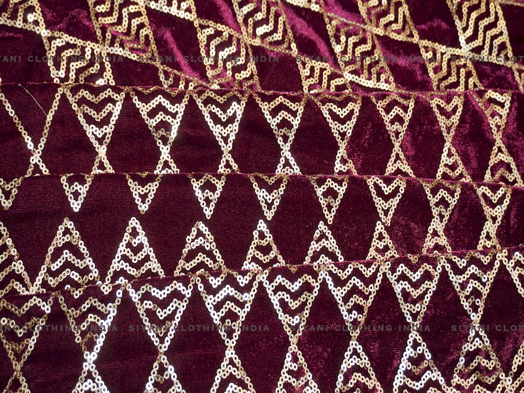 Magenta Sequins Geomatric Pattern Embroidered Velvet Fabric - Siyani Clothing India