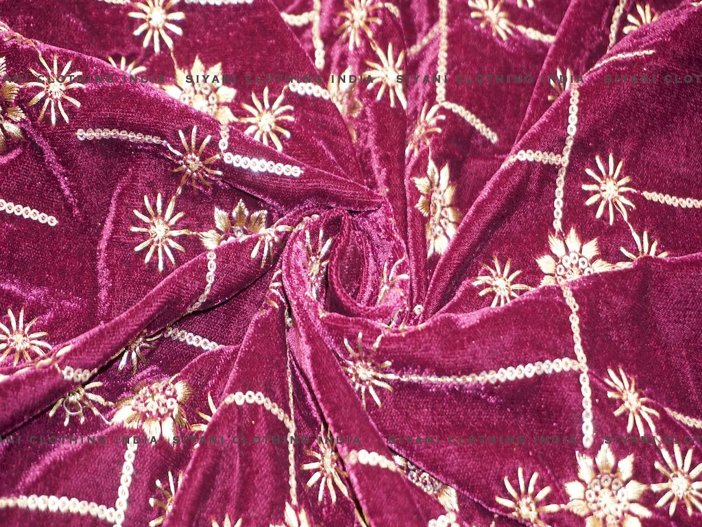Siyani Magenta Sequins Floral Embroidered Velvet Fabric