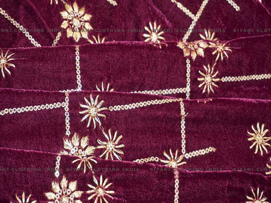 Magenta Sequins Floral Embroidered Velvet Fabric