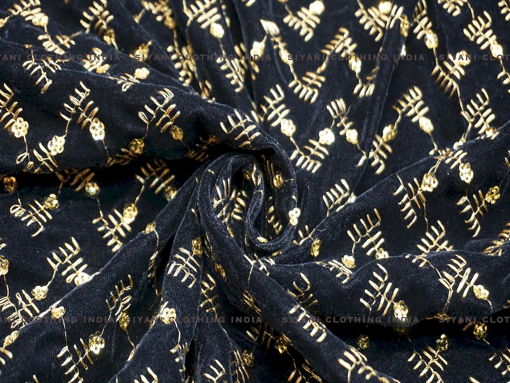 Siyani Navy Blue Zari Embroidered Velvet Fabric