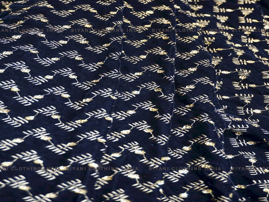 Navy Blue Zari Embroidered Velvet Fabric
