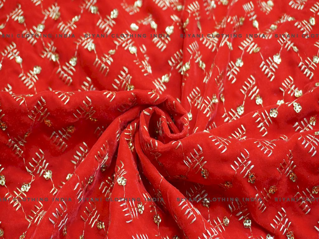 Siyani Bright Red Zari Embroidered Velvet Fabric