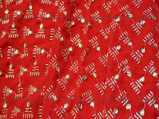 Bright Red Zari Embroidered Velvet Fabric