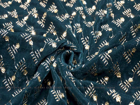 Siyani Peacock Blue Zari Embroidered Velvet Fabric