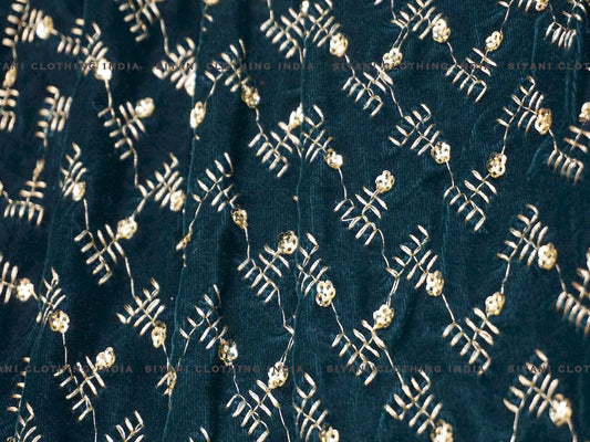 Peacock Blue Zari Embroidered Velvet Fabric - Siyani Clothing India