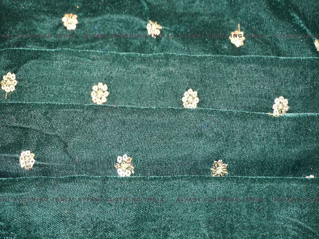 Dark Green Sequins Boota Floral Embroidered Velvet Fabric - Siyani Clothing India