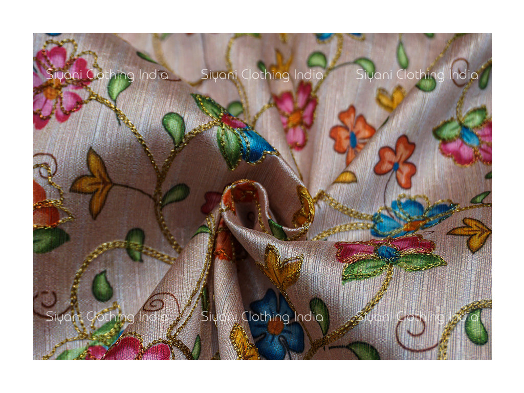 Baby Pink Multicolor Floral Embroidered Silk Fabric Siyani Clothing India