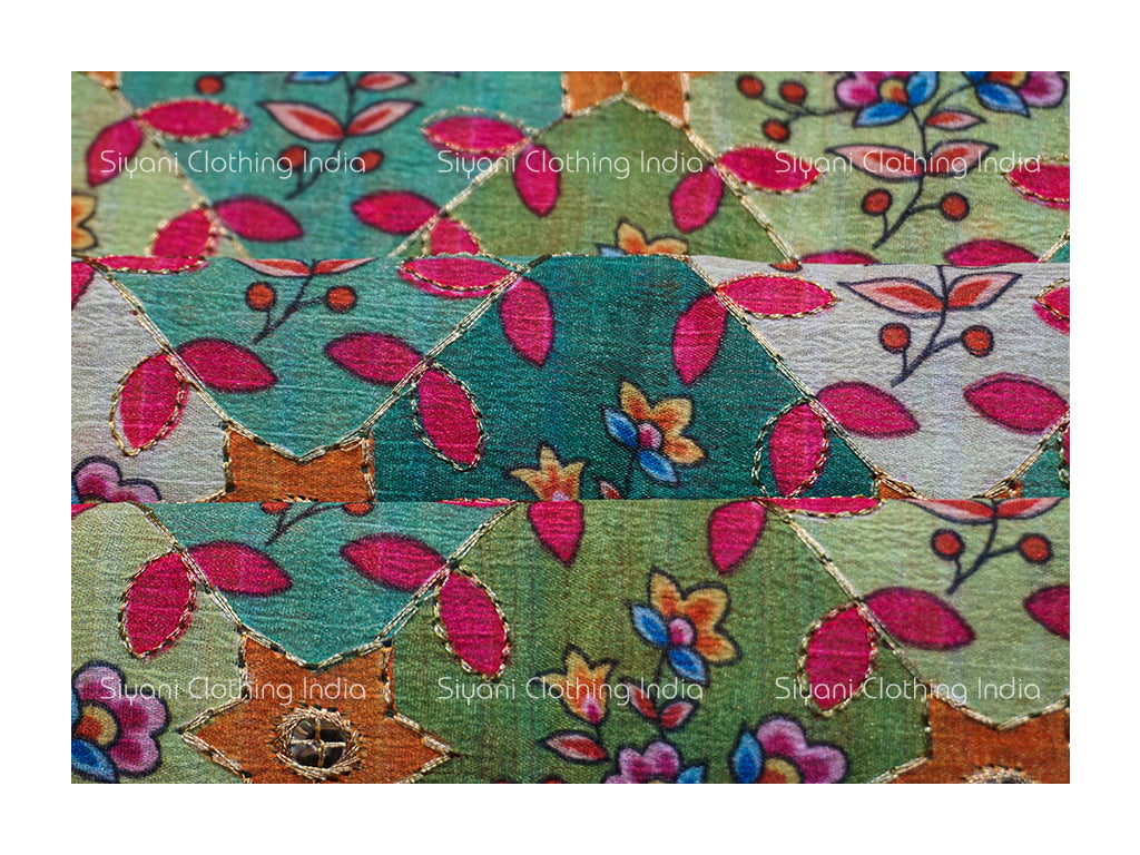 Teal Multicolor Thread Floral Embroidered Silk Fabric Siyani Clothing India