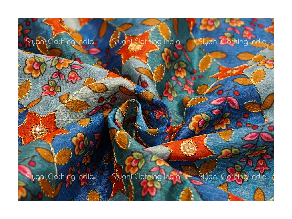 Blue Multicolor Thread Floral Embroidered Silk Fabric Siyani Clothing India