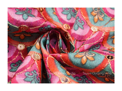 Carrot Pink Multicolor Thread Floral And Sequins Embroidered Silk Fabric Siyani Clothing India