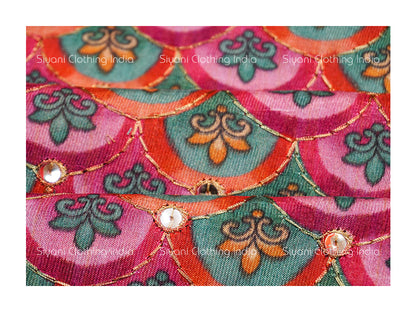 Carrot Pink Multicolor Thread Floral And Sequins Embroidered Silk Fabric Siyani Clothing India