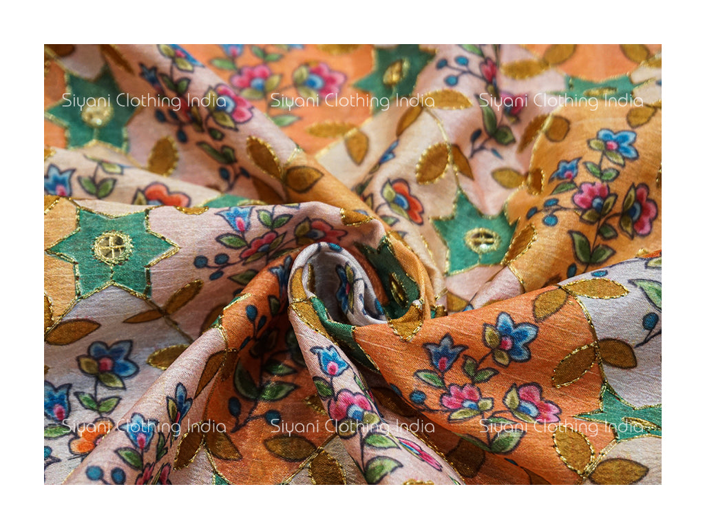 Orange Multicolor Floral Embroidered Silk Fabric Siyani Clothing India
