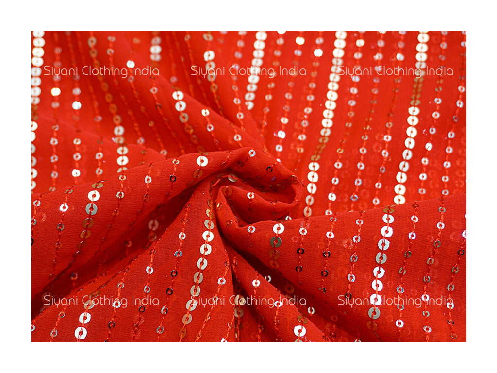 Siyani Coral Red Sequins Embroidered Georgette Fabric