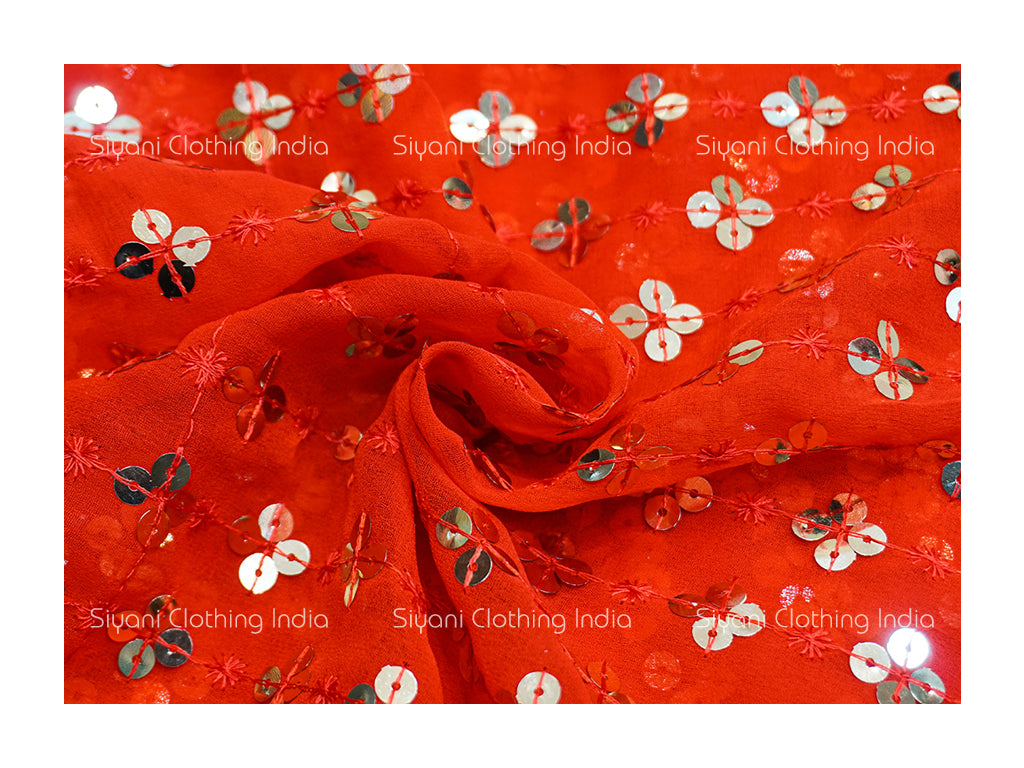 Siyani Red Floral Sequins Embroidered Georgette Fabric