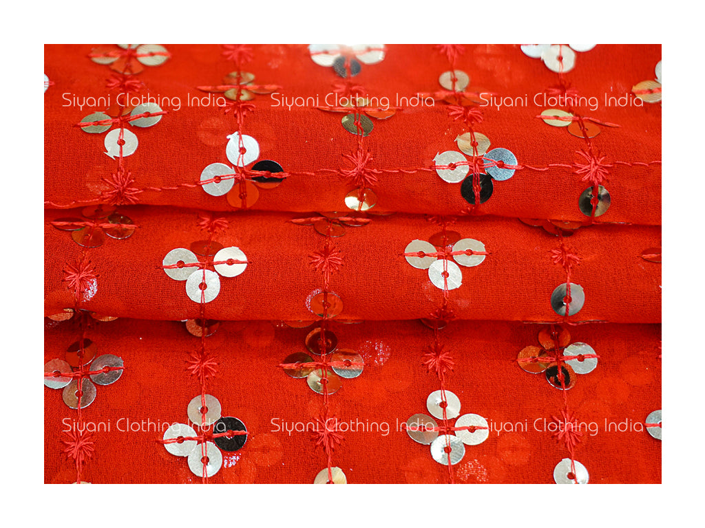 Red Floral Sequins Embroidered Georgette Fabric - Siyani Clothing India