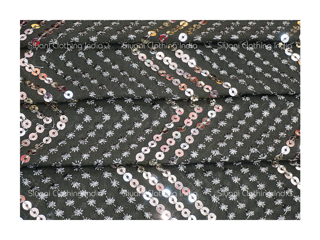Charcoal Grey Sequins And Thread Abstract Embroidered Georgette Fabric - Siyani Clothing India