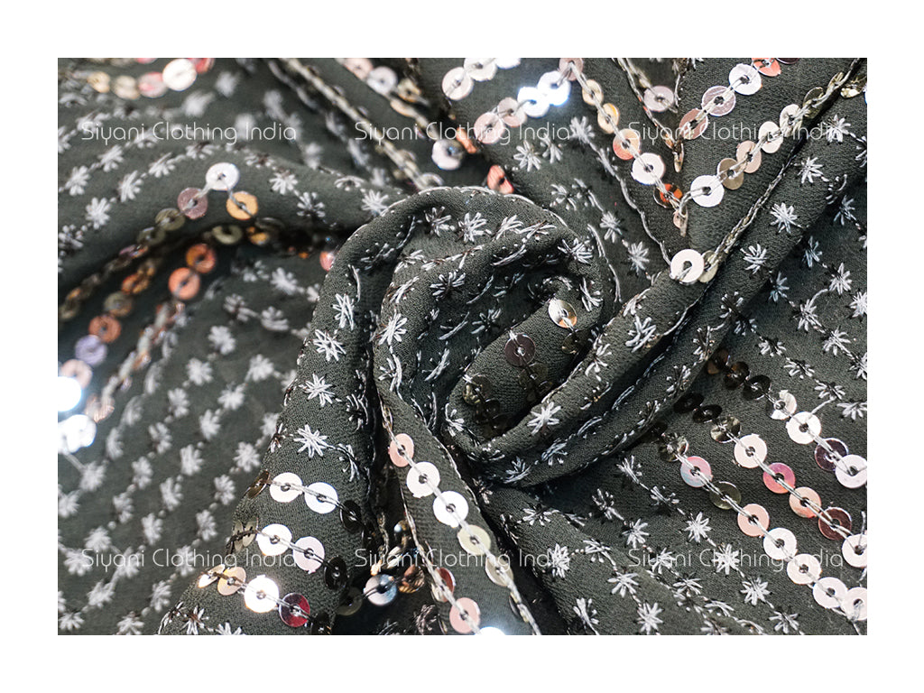 Charcoal Grey Sequins And Thread Abstract Embroidered Georgette Fabric - Siyani Clothing India