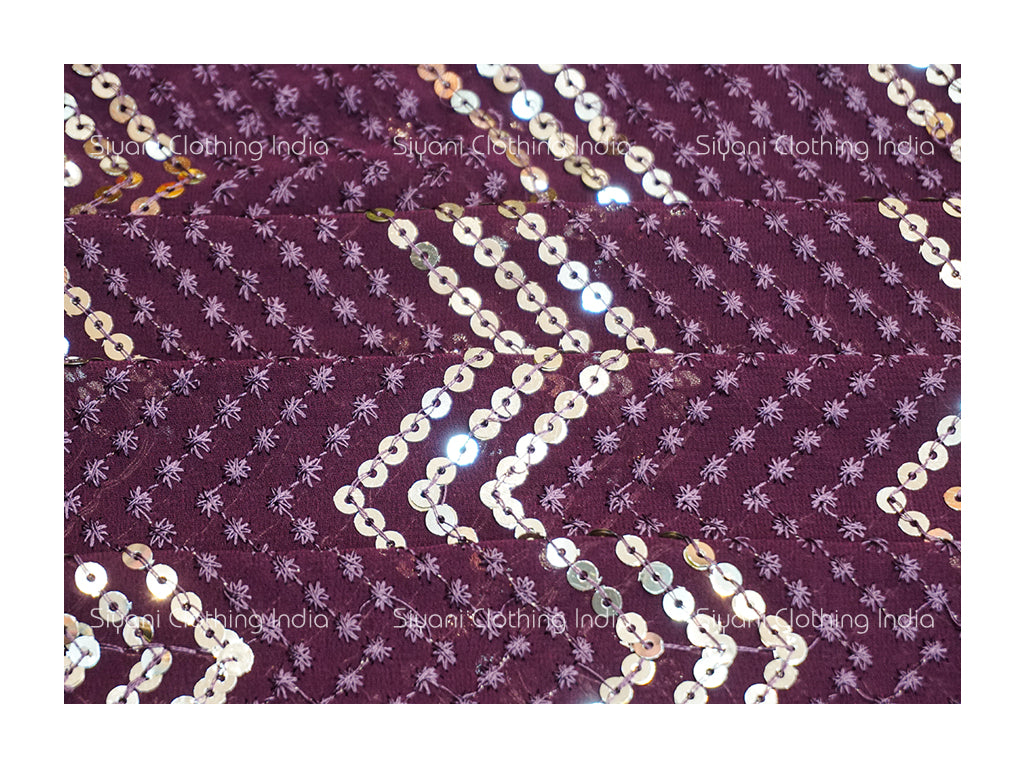 Wine Sequins And Thread Abstract Embroidered Georgette Fabric - Siyani Clothing India
