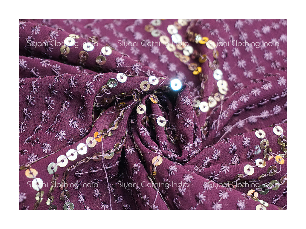 Siyani Wine Sequins And Thread Abstract Embroidered Georgette Fabric