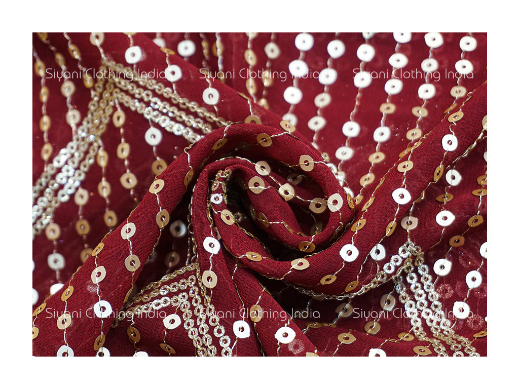 Siyani Maroon Sequins And Thread Abstract Embroidered Georgette Fabric
