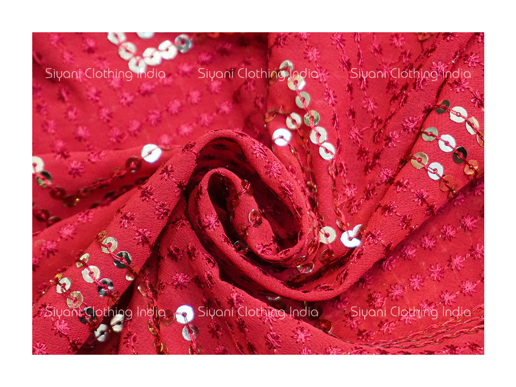 Siyani Red Sequins And Thread Abstract Embroidered Georgette Fabric