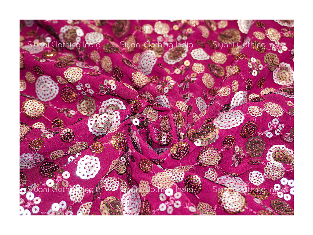 Magenta Sequins Floral Embroidered Georgette Fabric - Siyani Clothing India