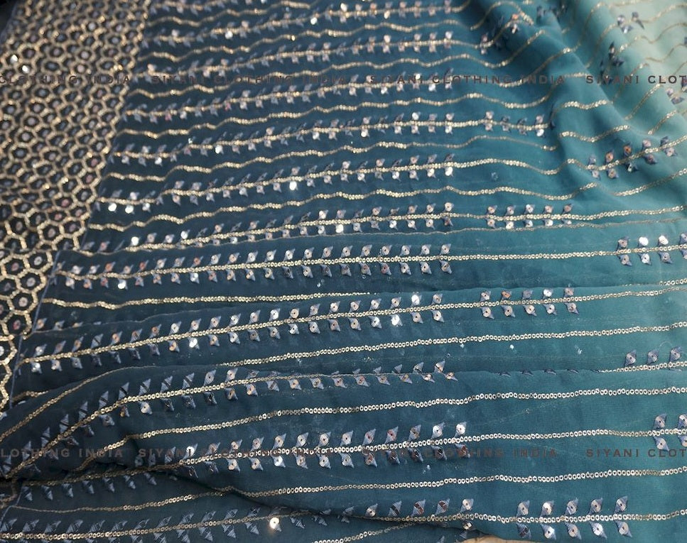 Blue Dual Tone Sequins Stripes Embroidered Georgette Fabric - Siyani Clothing India