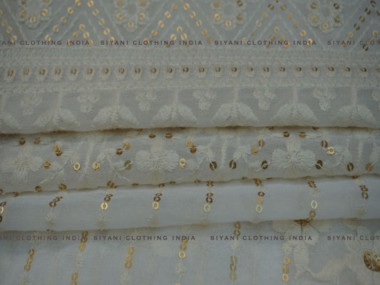 White Dyeable Floral And Sequins Stripes Embroidered Georgette Fabric - Siyani Clothing India