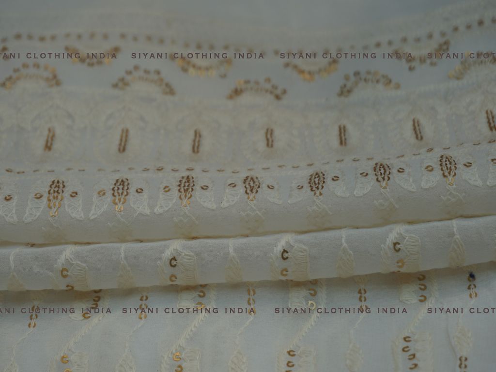 White Dyeable Thread And Sequins Stripes Embroidered Georgette Fabric - Siyani Clothing India
