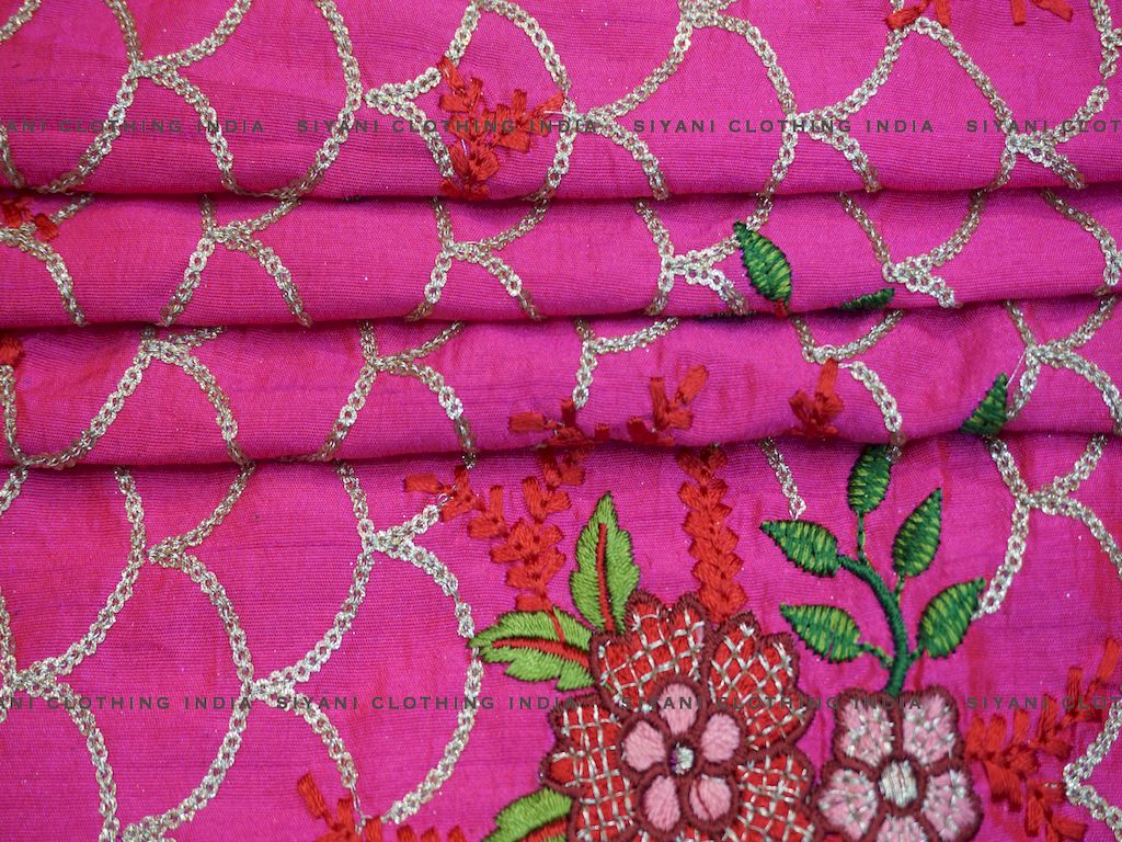 Magenta Floral And Gota Embroidered Silk Fabric - Siyani Clothing India